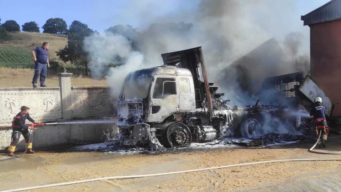 YANAN KAMYON ÇEVRESİNİ DE YAKTI!