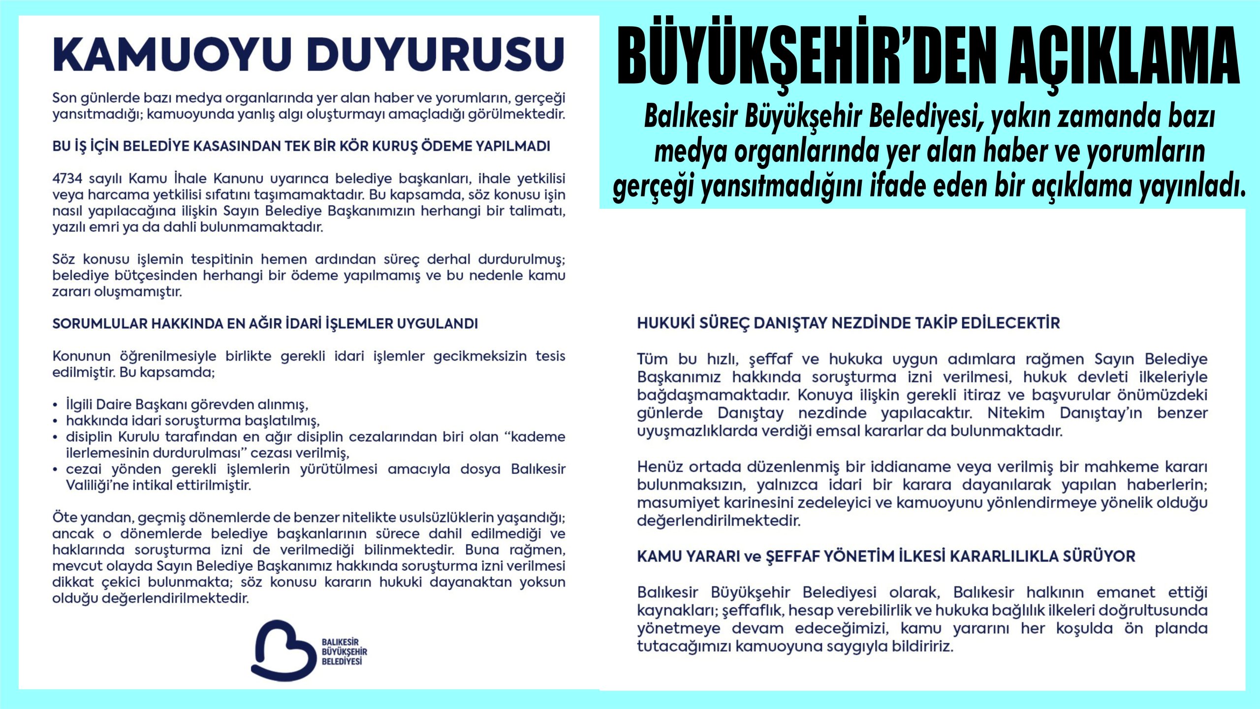 BÜYÜKŞEHİR’DEN ÖNEMLİ AÇIKLAMA